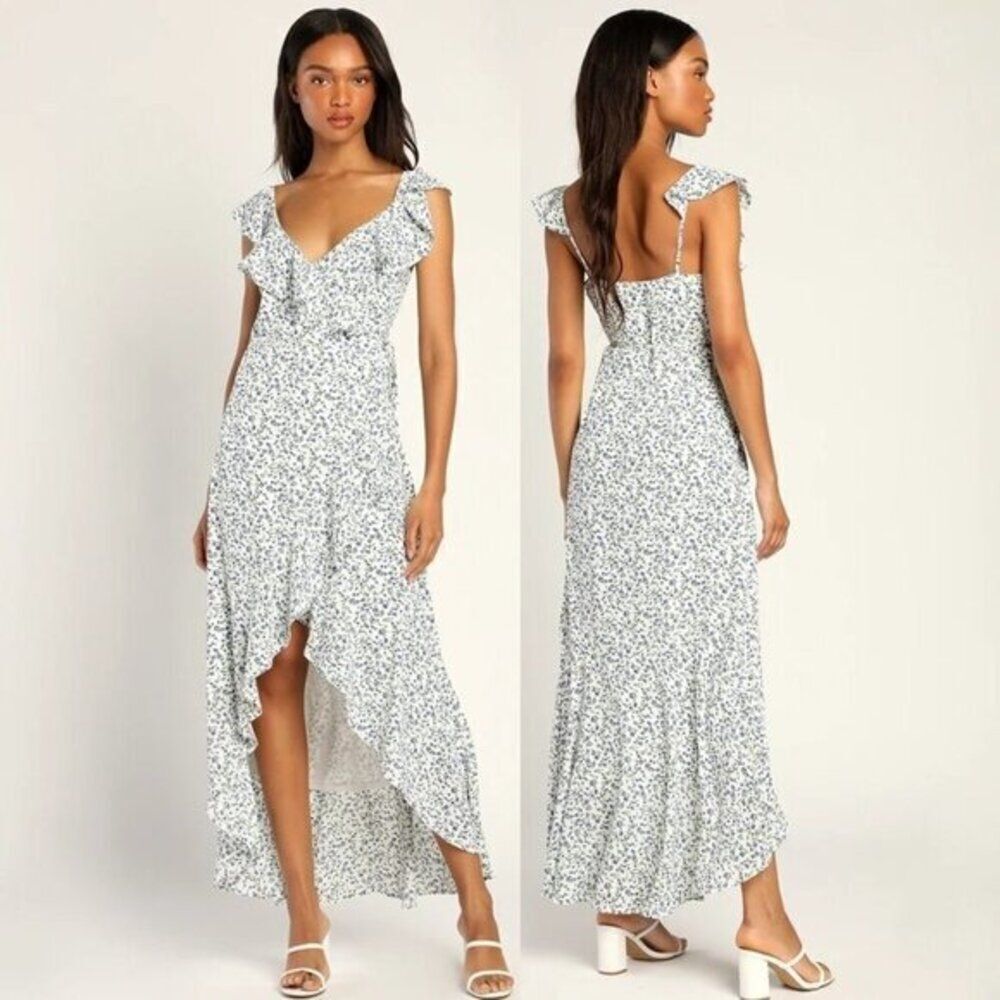 Lulu's Women White Floral Print Ruffled Wrap High-Low Party Dress Size XL